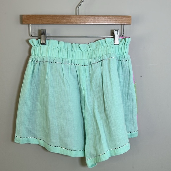 QUEEN OF SPARKLE Rhinestone Gauze Short Pink Green Pockets Pull On Sz S - Picture 7 of 11